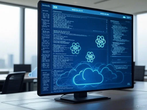 Computer monitor displaying cloud computing and AI-related graphics in a modern office setting.