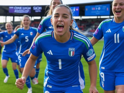 Italian female soccer players celebrating on the field after a match.