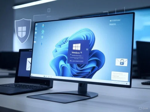 A desktop computer and laptop displaying the Windows 11 login screen in a secure, modern workspace.