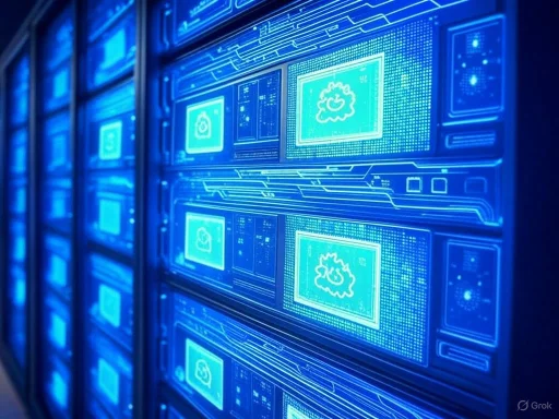 Multiple digital screens display cloud computing icons in a futuristic, blue-lit server room.