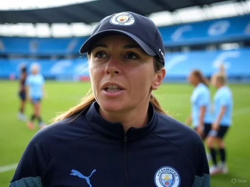 A woman in a Manchester City sports jacket and cap speaks on a football field with players in the background.