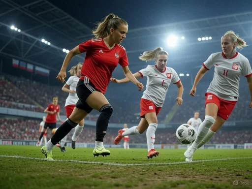 Women’s soccer match with players competing for the ball on the field under bright stadium lights. Women’s soccer match with players competing for the ball on the field under bright stadium lights.