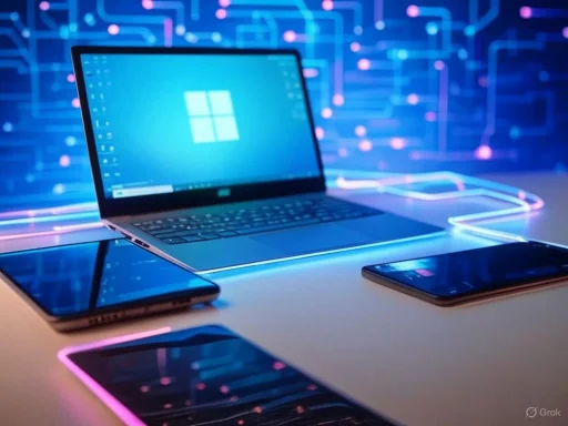 A laptop displaying the Windows logo surrounded by tablets and smartphones, with a futuristic digital background.