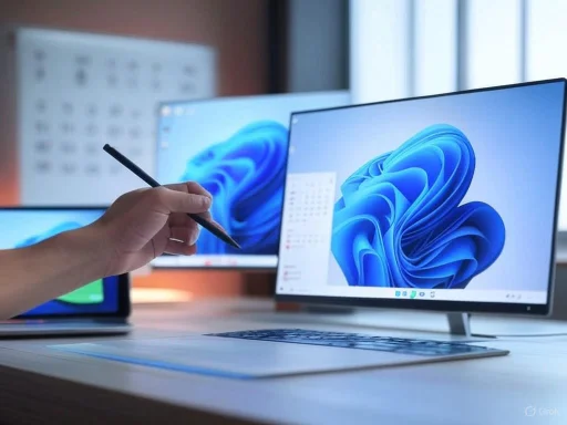 A person uses a stylus to interact with a Microsoft Surface device on a desk with dual monitors in a bright workspace.