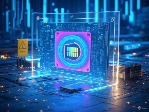 A futuristic microchip or processor embedded in a digital circuit with holographic blueprints and warning signs.