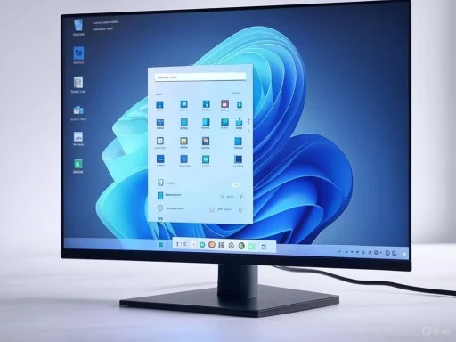 A computer monitor displays the Windows 11 desktop with a centered start menu open.