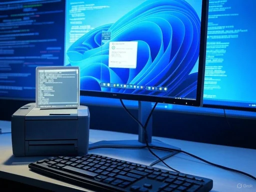 A computer setup with a monitor, smaller screen, keyboard, and a large display with code and digital graphics.