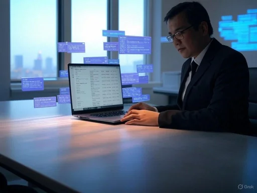 A man in a suit working on a laptop with floating blue code and data visualizations in a modern office.