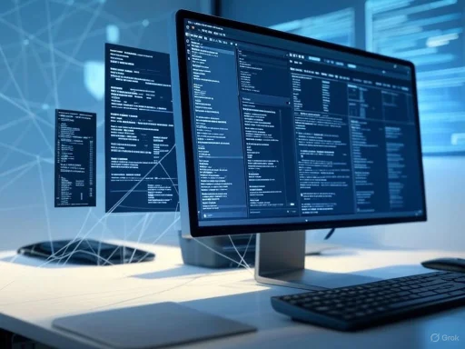 Computer monitors displaying code and data in a high-tech, futuristic workspace.