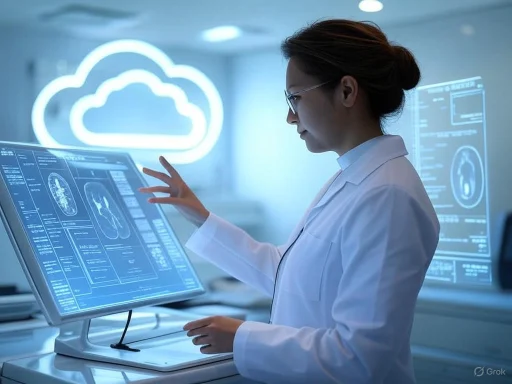 A female medical professional interacts with futuristic digital medical imaging displays in a high-tech healthcare setting.