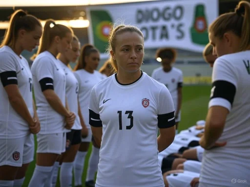 A female soccer player stands solemnly among her teammates during a pre-game moment.