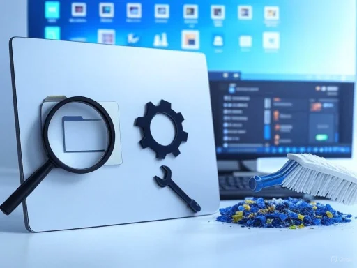 A computer desk with cleaning tools, a magnifying glass, and a folder icon, suggesting digital data organization and troubleshooting.