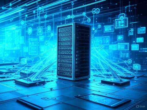 A digital server surrounded by holographic data connections and technological graphics in a futuristic high-tech environment. A digital server surrounded by holographic data connections and technological graphics in a futuristic high-tech environment.
