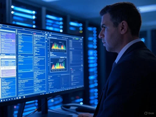 A man in a suit monitors multiple screens displaying data and graphs in a high-tech control room.