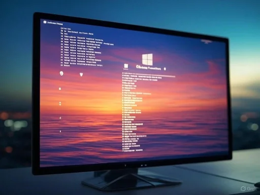 A computer monitor displays a sunset desktop background with system information over it.