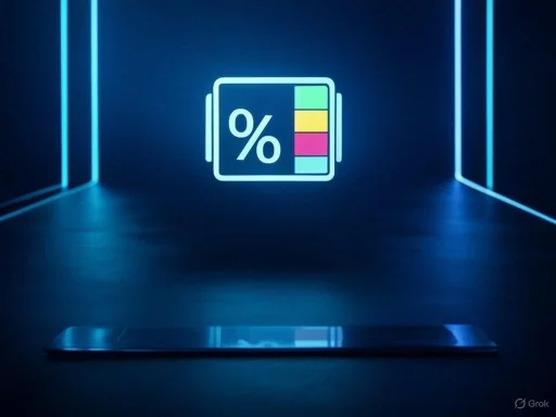 A digital smartwatch display shows a colorful battery icon with a percentage symbol on a dark background.