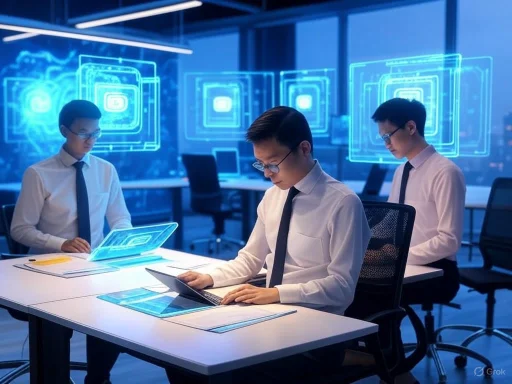 Three business professionals analyze digital holograms and data projections in a high-tech conference room.