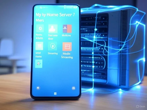 A smartphone displays a home server management app next to a glowing, futuristic data server.