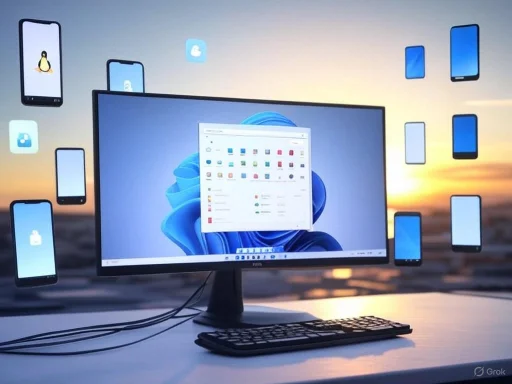 Multiple smartphones surround a central monitor displaying a desktop interface, creating a digital collage at sunset.