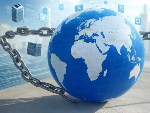A globe wrapped in a chain with digital icons in the background, symbolizing digital security and global connectivity.