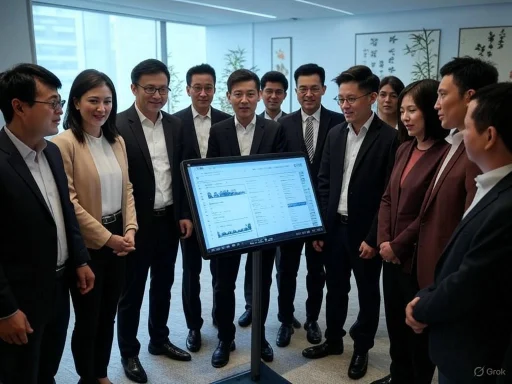A group of professionals in business attire are gathered around a digital display in a modern office.