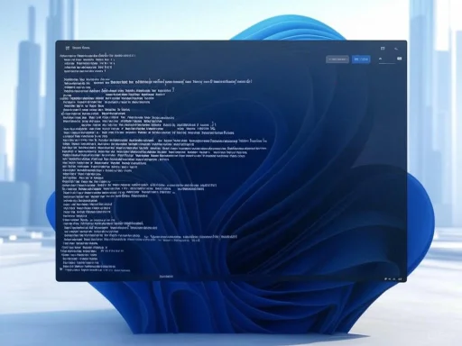 A digital screen displays system commands or code, with a futuristic background and blue abstract shapes.