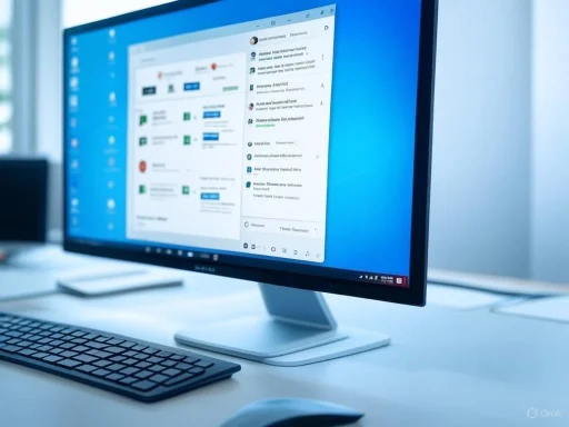 A computer monitor displaying an email inbox on a clean, modern desk with a keyboard and mouse.
