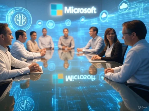Team in a high-tech Microsoft meeting with digital graphics and cloud icons displayed on the virtual background.