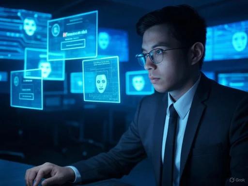 A man in a suit and glasses monitors multiple holographic screens with facial recognition data in a high-tech environment.