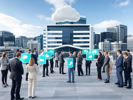Businesspeople gather on a rooftop, holding digital cloud icons against a city skyline background.