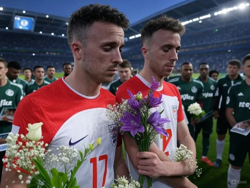 Two soccer players hold flowers during a solemn moment on the field, surrounded by teammates in a stadium.
