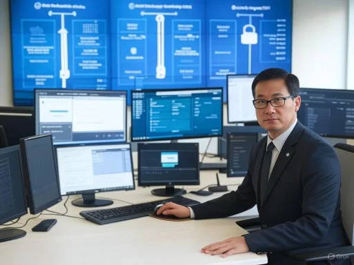 A businessman working at a multi-monitor computer setup in an office with technical schematics on large screens behind him.
