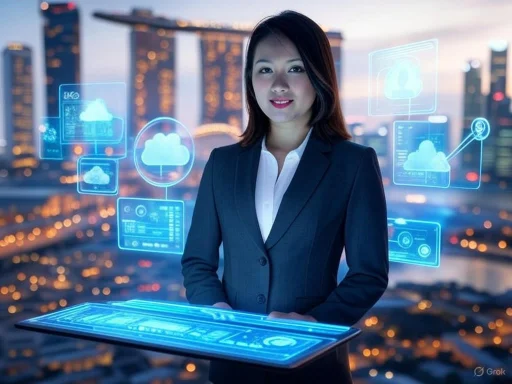 A woman in business attire interacts with futuristic digital cloud and data icons over cityscape at dusk.