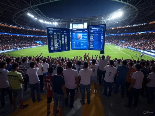 Crowd watching a soccer match in a stadium during evening with digital scoreboards overhead. Crowd watching a soccer match in a stadium during evening with digital scoreboards overhead.