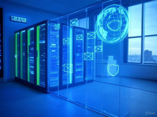 Futuristic data center with glowing digital graphics of the globe, shield, and mail icons near server racks.