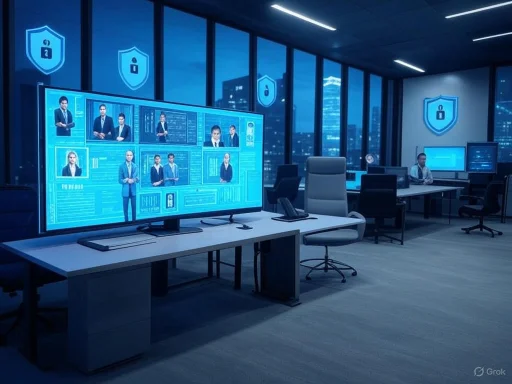 A high-tech security operations room with large screens displaying personnel profiles and data, in a modern office setting. A high-tech security operations room with large screens displaying personnel profiles and data, in a modern office setting.