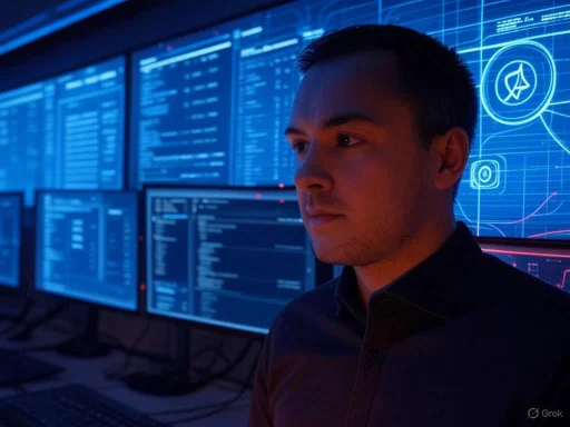 A man working in a high-tech control room with multiple computer screens displaying data and digital graphics.