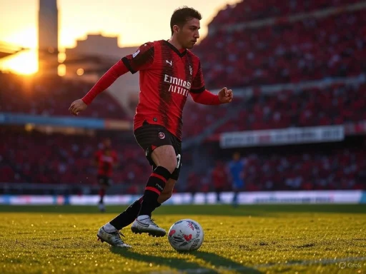 A soccer player in a red and black uniform prepares to kick the ball on a field at sunset.