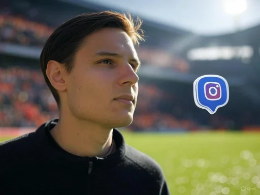 A young man stands on a sports field with a stadium background, with an Instagram icon floating nearby.