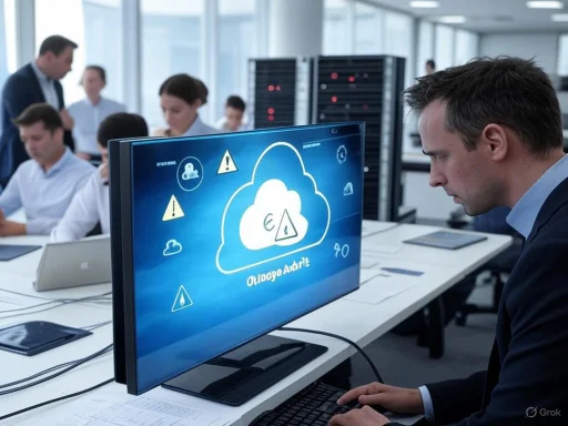 A man monitors a cybersecurity alert on a computer screen in a busy office setting.