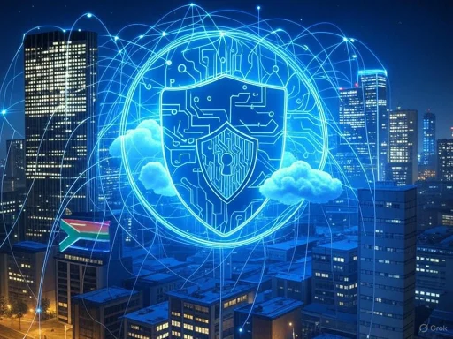 A digital shield with circuit patterns symbolizes cybersecurity, superimposed over a cityscape at night. A digital shield with circuit patterns symbolizes cybersecurity, superimposed over a cityscape at night.