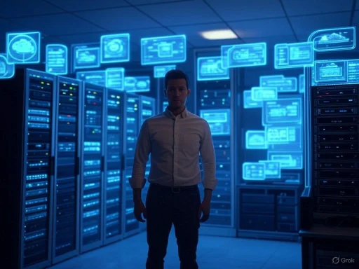 A person stands in a server room illuminated by blue holographic digital displays and server racks.