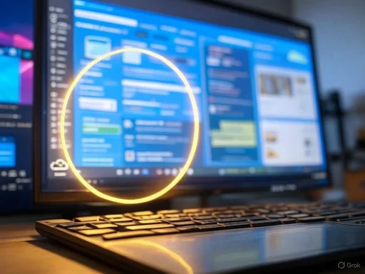 A computer monitor displays a blurred blue interface with a glowing yellow circle overlay on the screen.