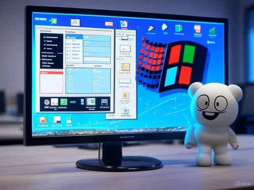 A computer monitor displays a Windows desktop with an animated Windows logo, alongside a white cartoon bear figurine.