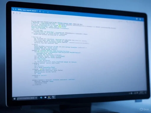 A computer screen displaying a document with text, possibly a report or script, on a dark desk.