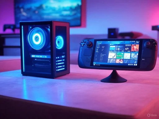 A gaming PC setup with a monitor displaying a game library, illuminated by vibrant blue and pink lighting.