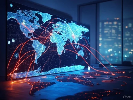Global digital network map with interconnected lines highlighting worldwide cyber connections.