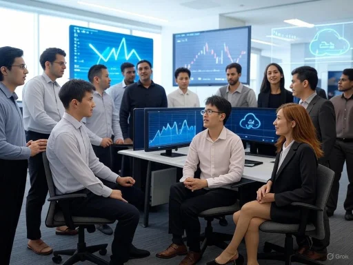 A diverse group of professionals participates in a financial or tech-focused meeting, with multiple screens displaying charts and cloud icons. A diverse group of professionals participates in a financial or tech-focused meeting, with multiple screens displaying charts and cloud icons.