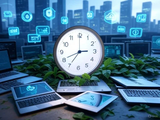 A digital clock surrounded by laptops and green foliage, with a city skyline and floating tech icons in the background.