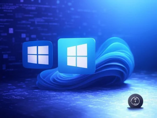 The image features Windows logos floating against a digital, futuristic background, emphasizing technology and software.